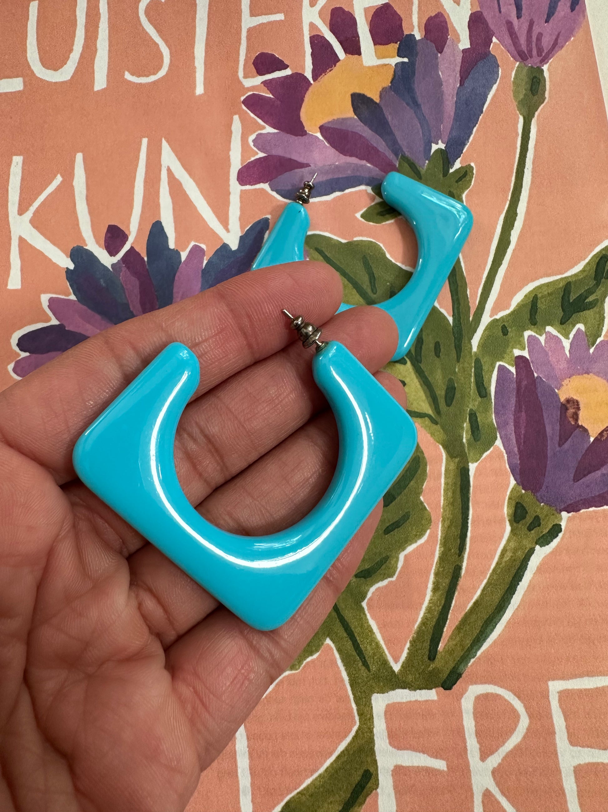 Jaren negentig oorbellen in blauw vierkant rond