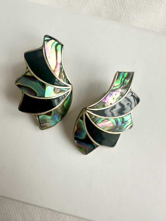 Vintage clip-oorbellen in alpaca zilver, ingelegd met albalone schelp