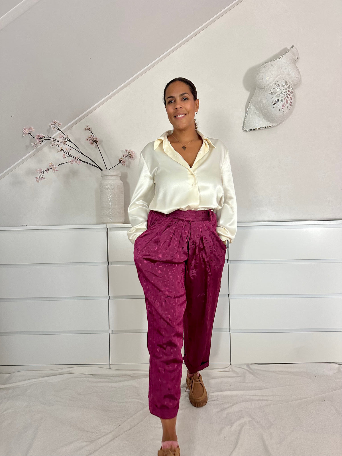 Vintage aubergine kleurige high waist broek - S