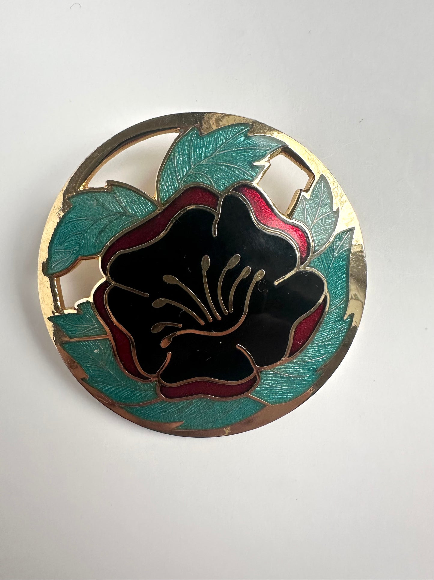 Ronde vintage goudkleurige broche in cloisonne stijl