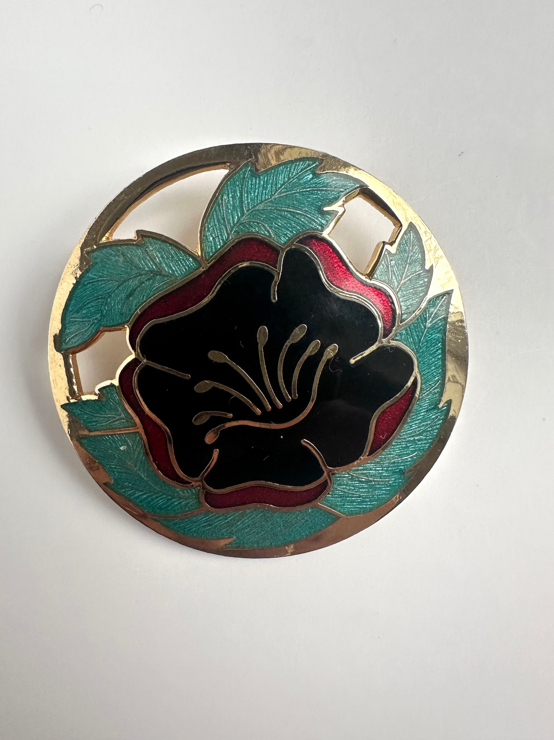 Ronde vintage goudkleurige broche in cloisonne stijl