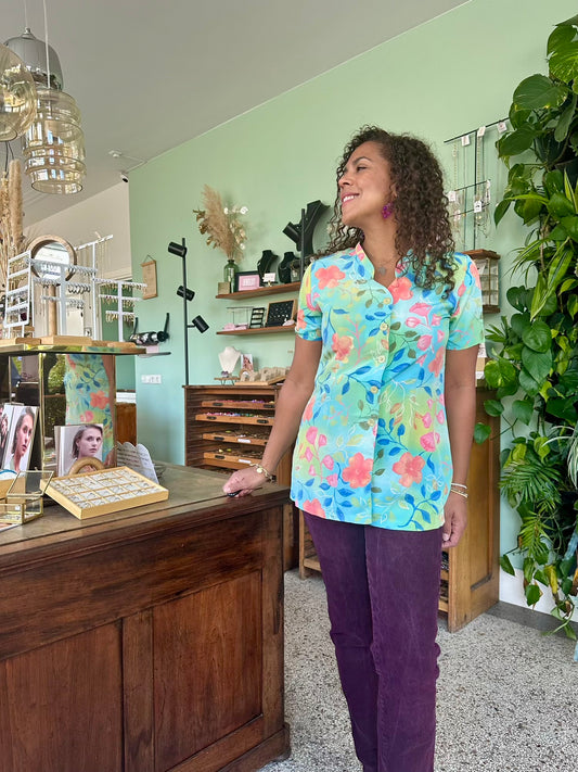 Vintage zeegroene blouse met bloemen en bladeren print The Comeback Store