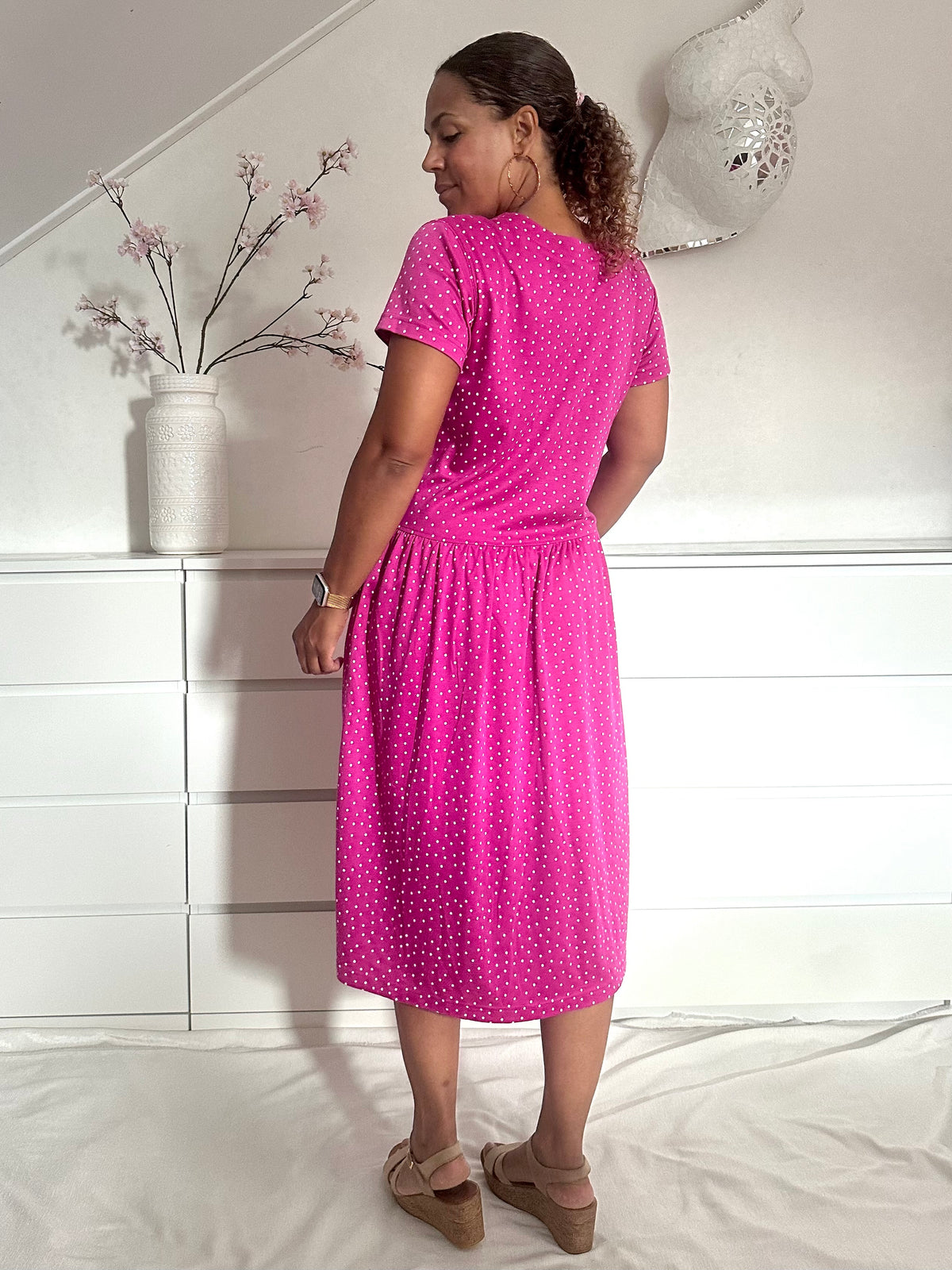 Vintage jaren negentig jurk in fuchsia met zwarte polka dot