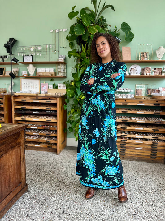 Vintage maxi-jurk met bloemen print in zwart blauw en groen