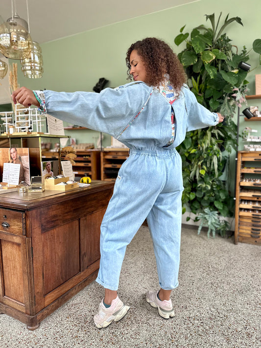 Vintage spijker jumpsuit met print van strips