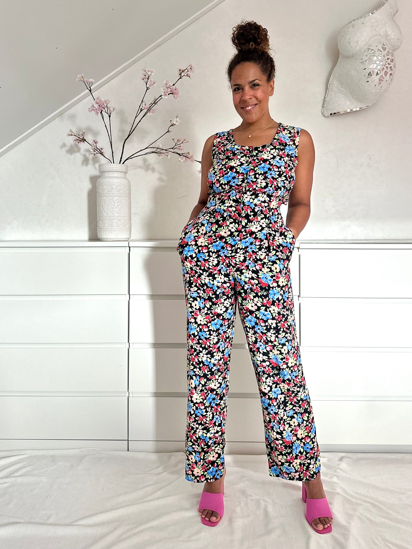 Vintage jumpsuit van viscose met bloemen print en zakken 