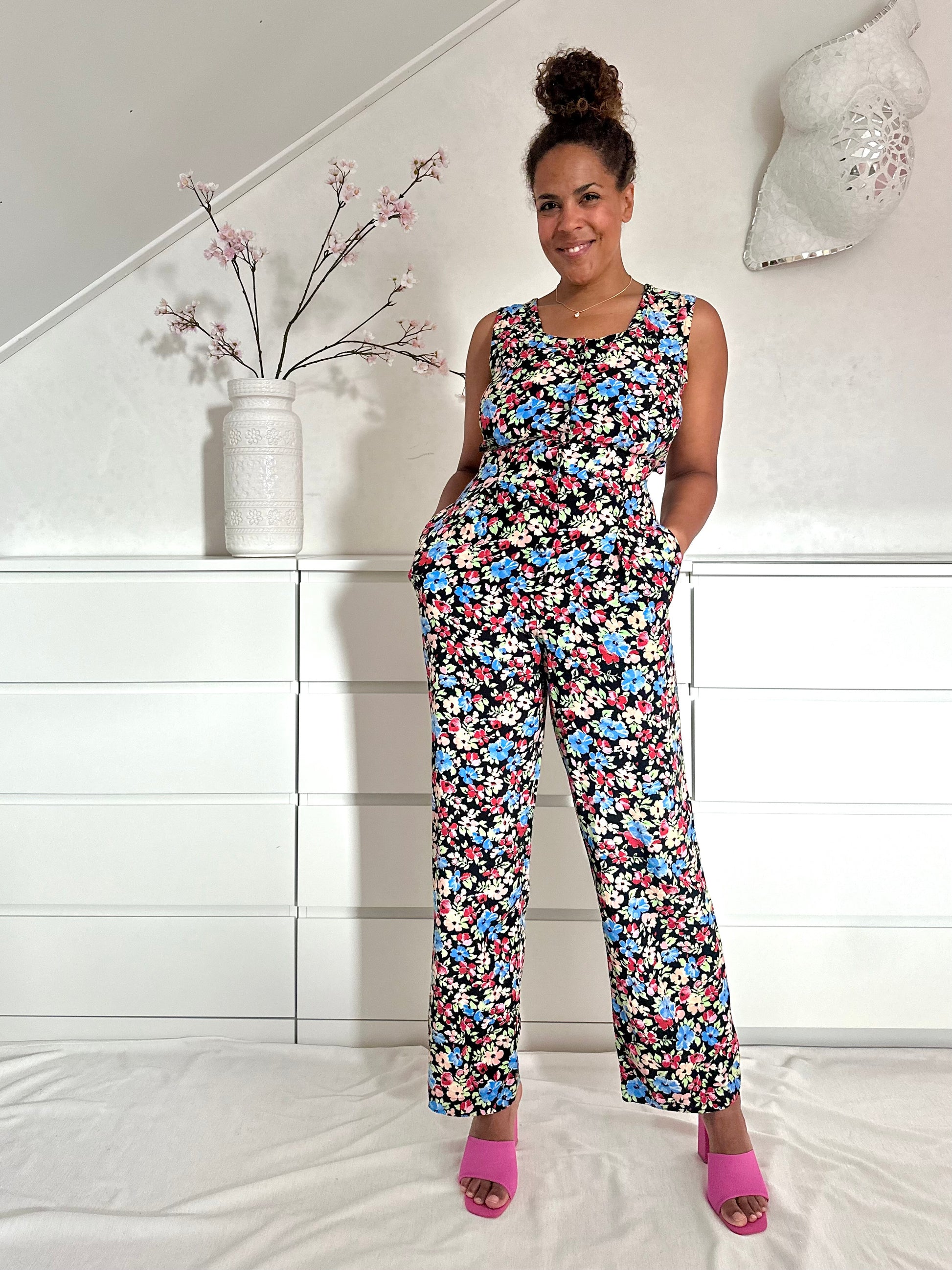 Vintage jumpsuit van viscose met bloemen print en zakken 