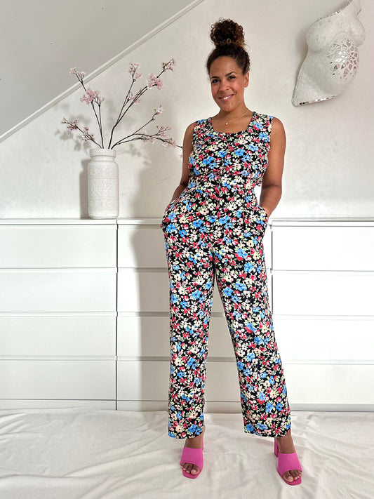 Vintage jumpsuit van viscose met bloemen print en zakken 