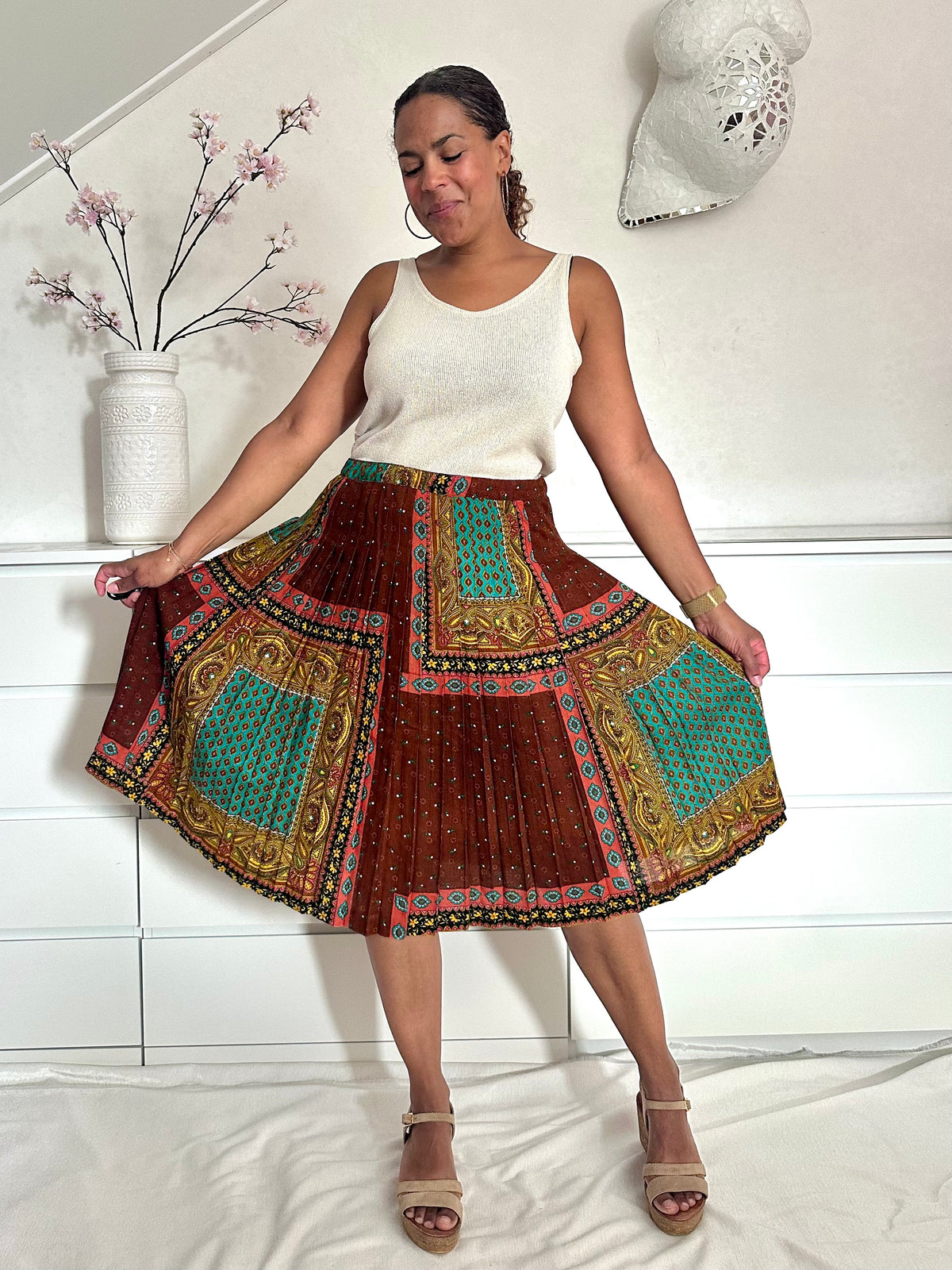 Vintage plooirok met patchwork effect en bloemen en Paisley 