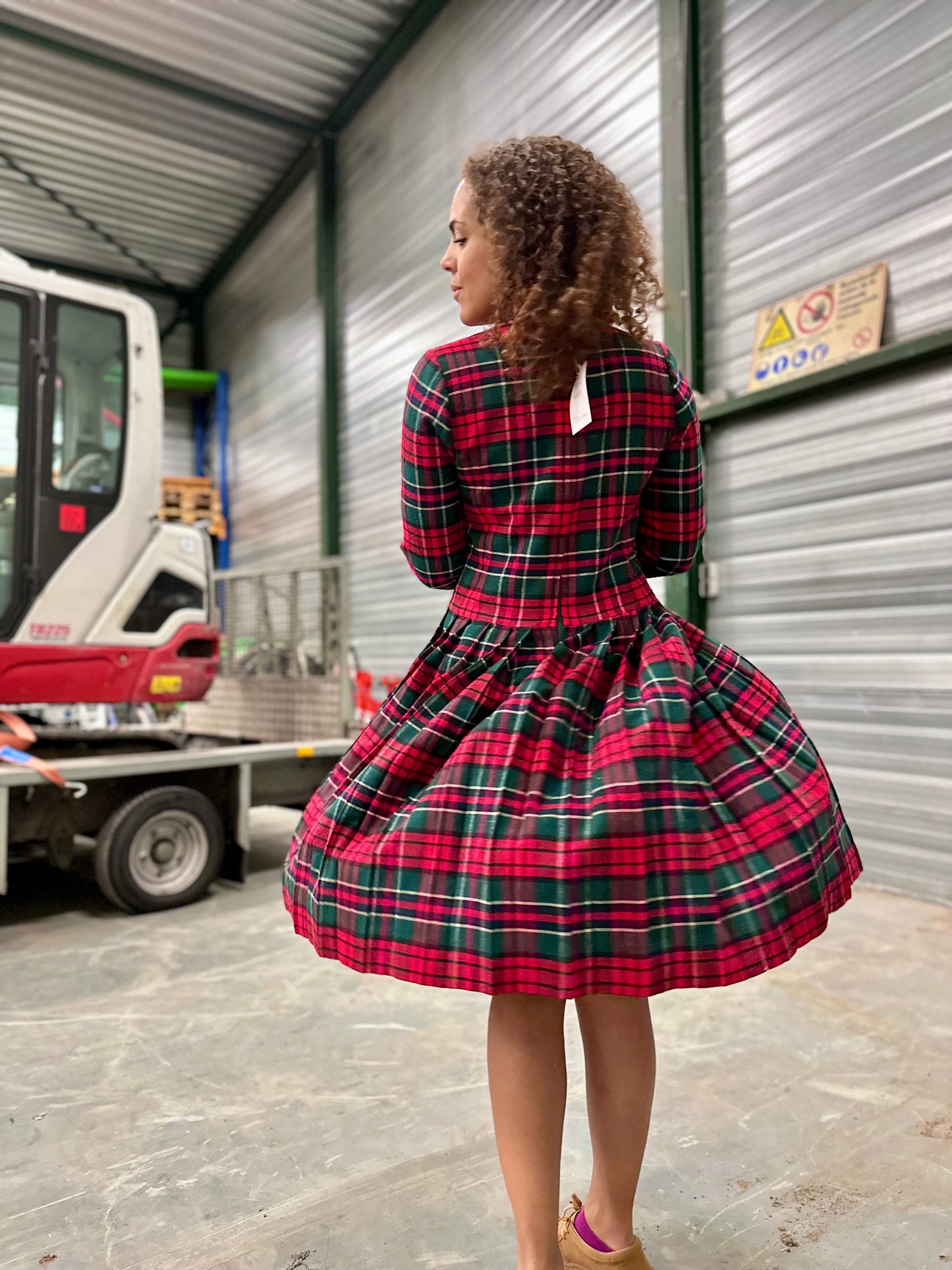Retro jurk knielengte met tartan ruit in rood groen