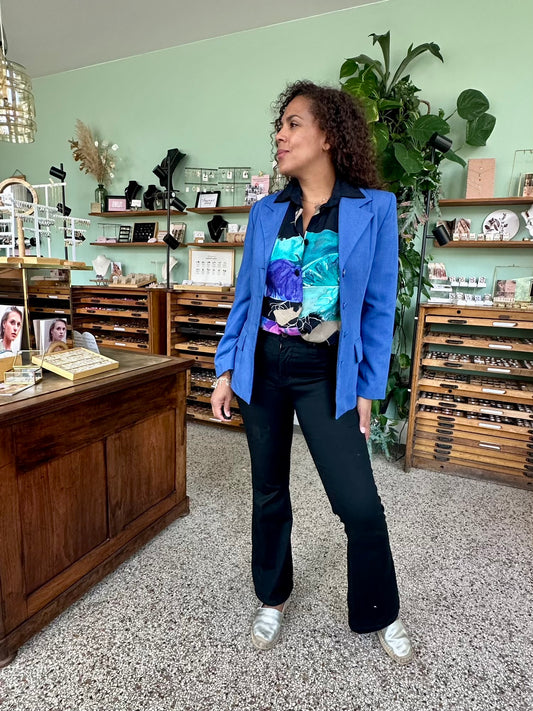Vintage blazer voor dames met getailleerde snit in koningsblauw