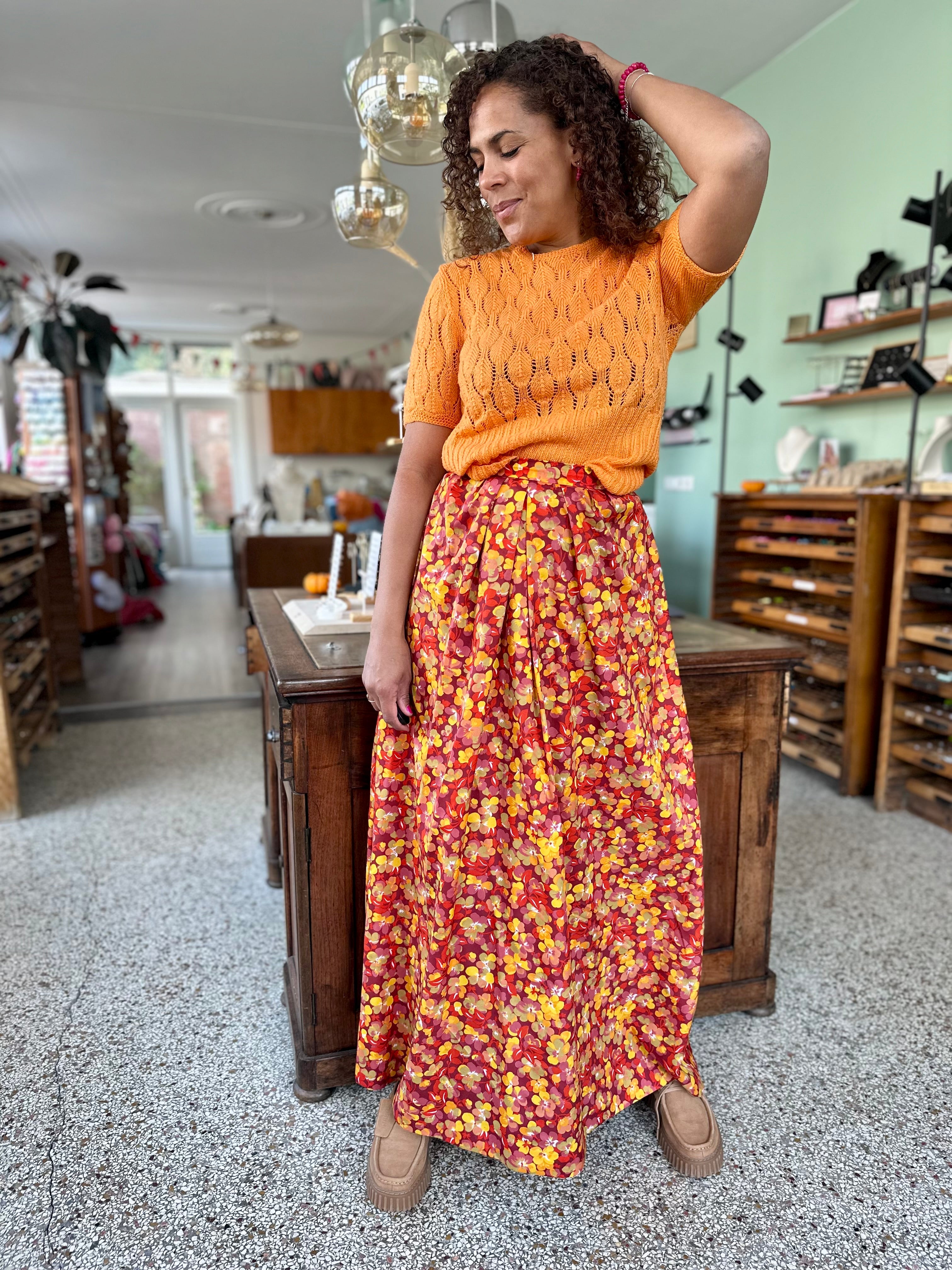 vintage maxi-rok met bloemenprint in herfstkleuren
