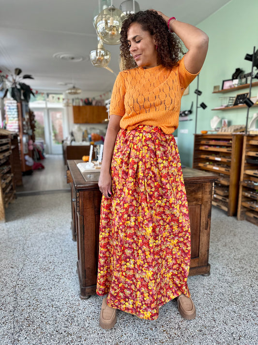 vintage maxi-rok met bloemenprint in herfstkleuren