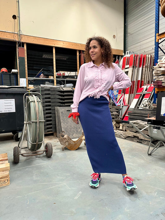 Vintage navy lange gebreide rok van wol met verticale streep