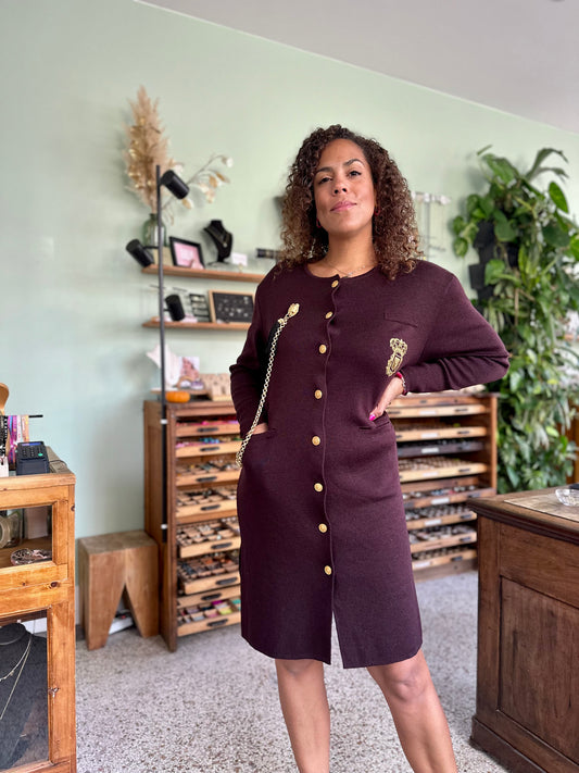 vintage gebreide jurk in aubergine kleur met gouden details