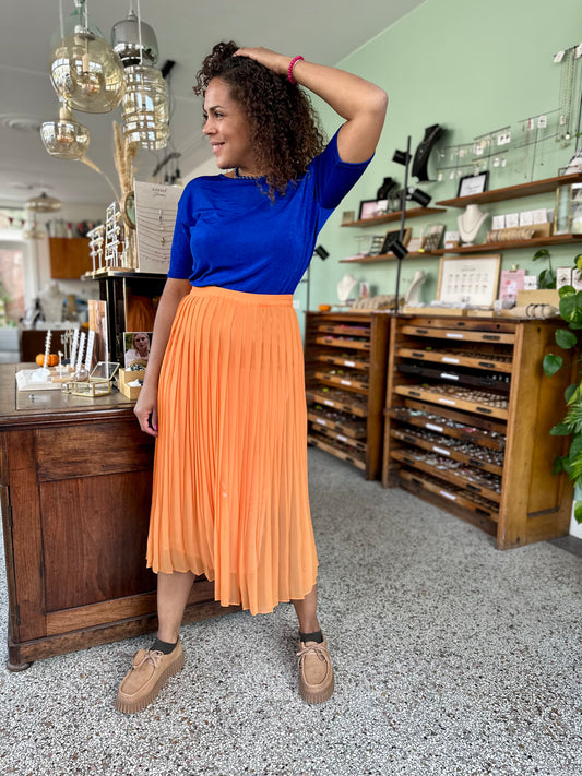 Vintage oranje plooirok met elastische taille