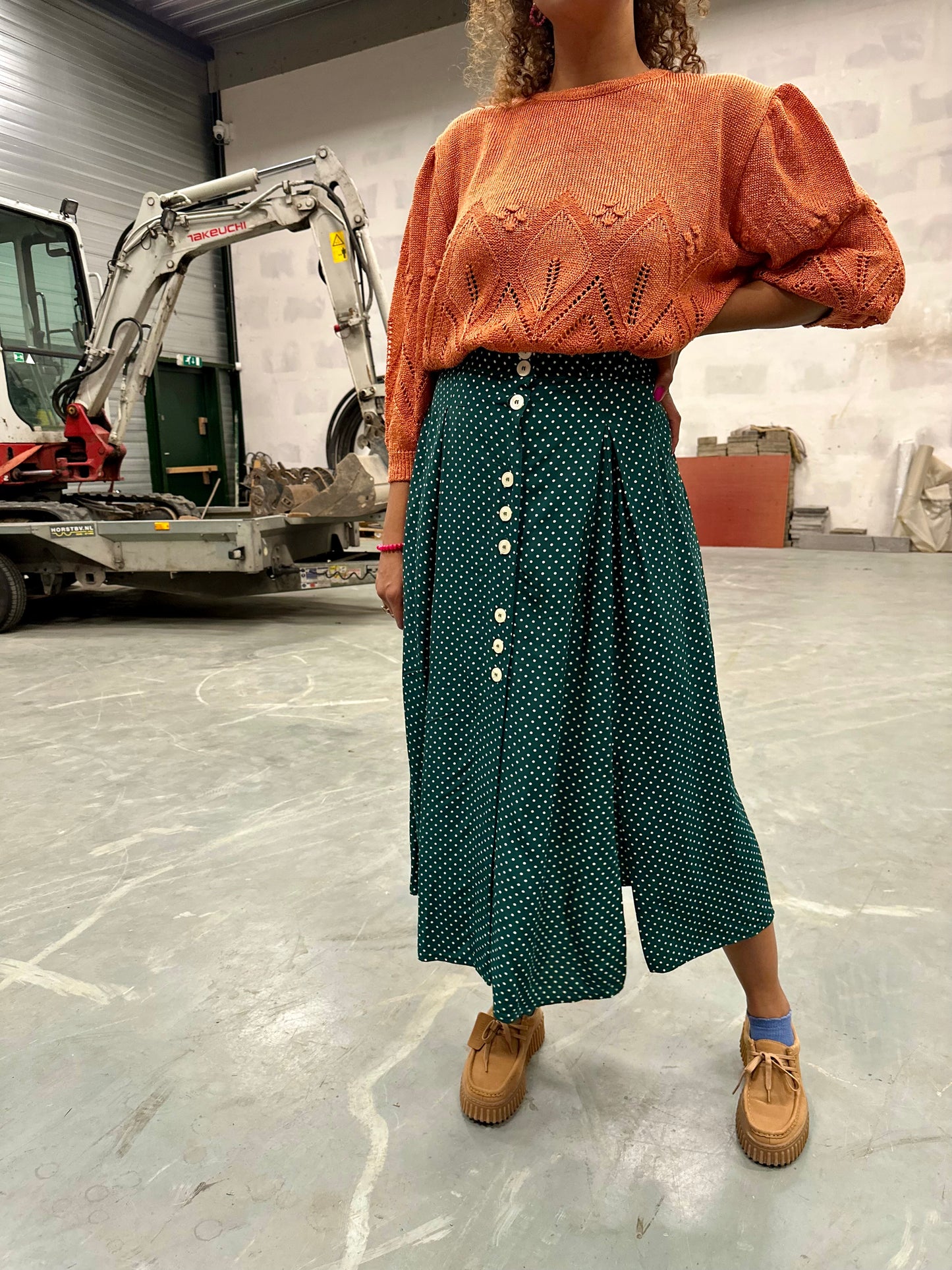 Vintage viscose rok midi-maxi donkergroen met witte stippels 