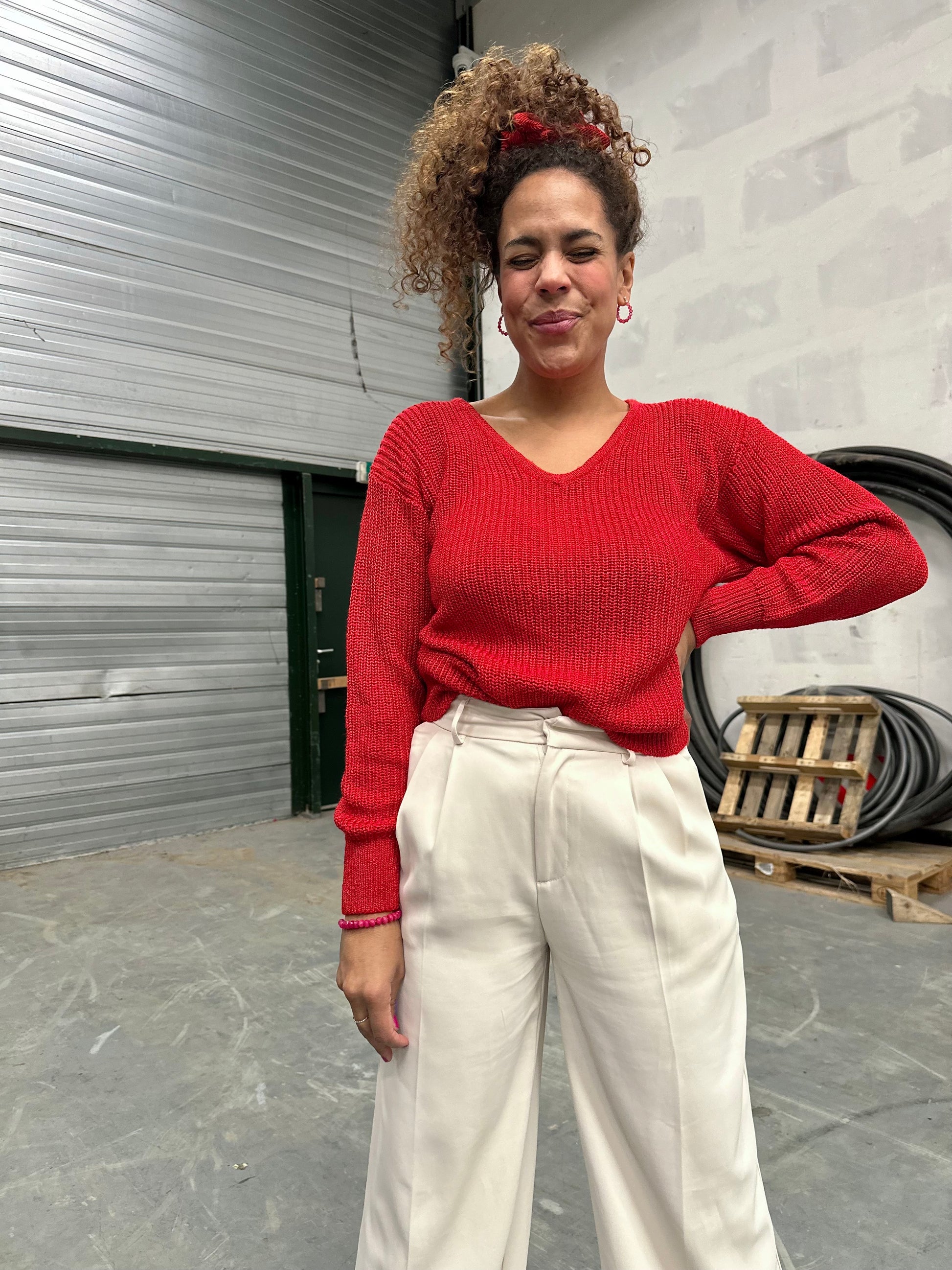 Vintage rode gebreide trui met v-hals 