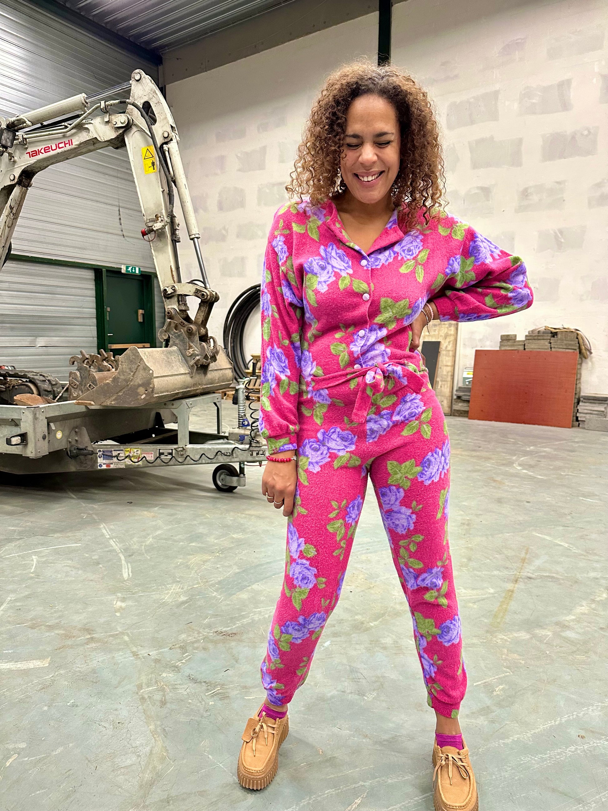 Vintage fleece jumpsuit uit jaren tachtig met bloemen patroon