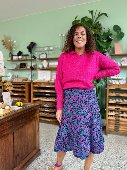 Vintage roze trui met kraagje en zilverdraad