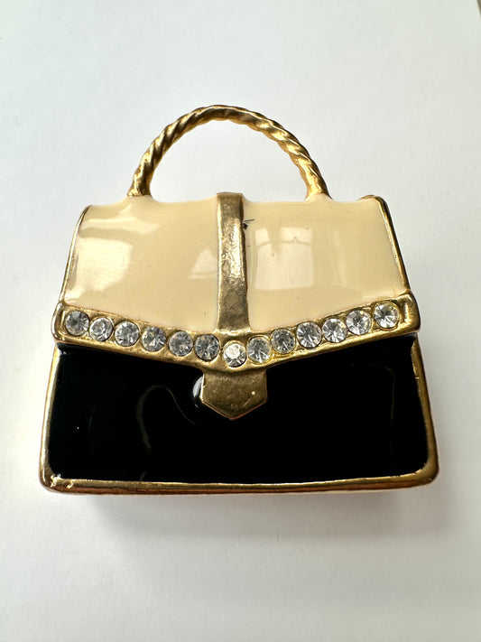 Vintage broche in vorm van een handtas, verguld en geëmailleerd