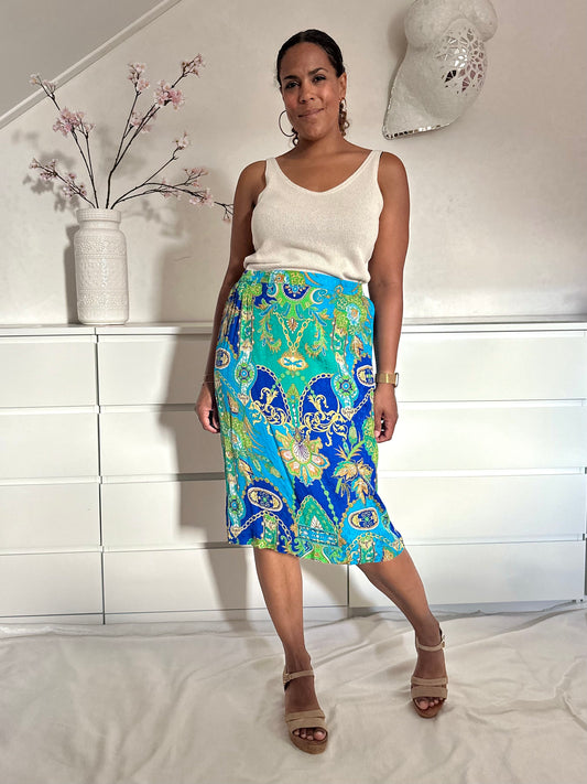 Vintage midi-rok in felle kleuren turquoise en groen met jaren negentig barok print