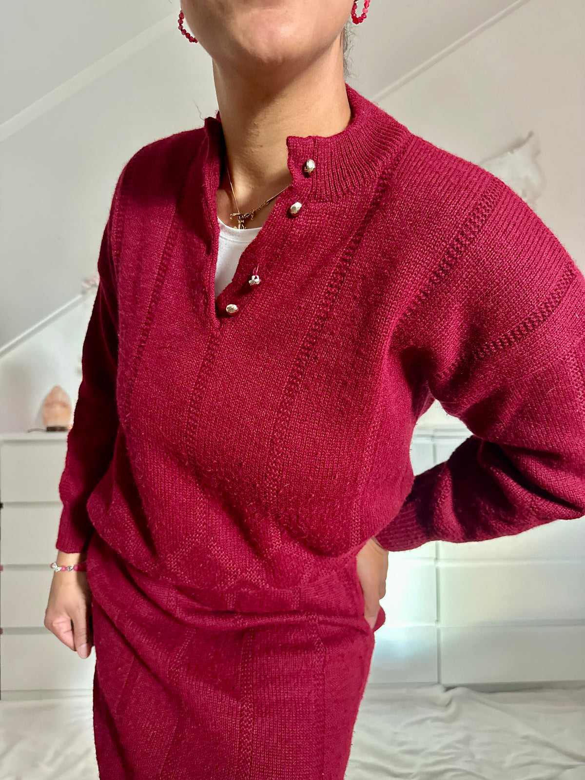 Vintage Bordeaux rode co-ord set in wol-mix - L/XL