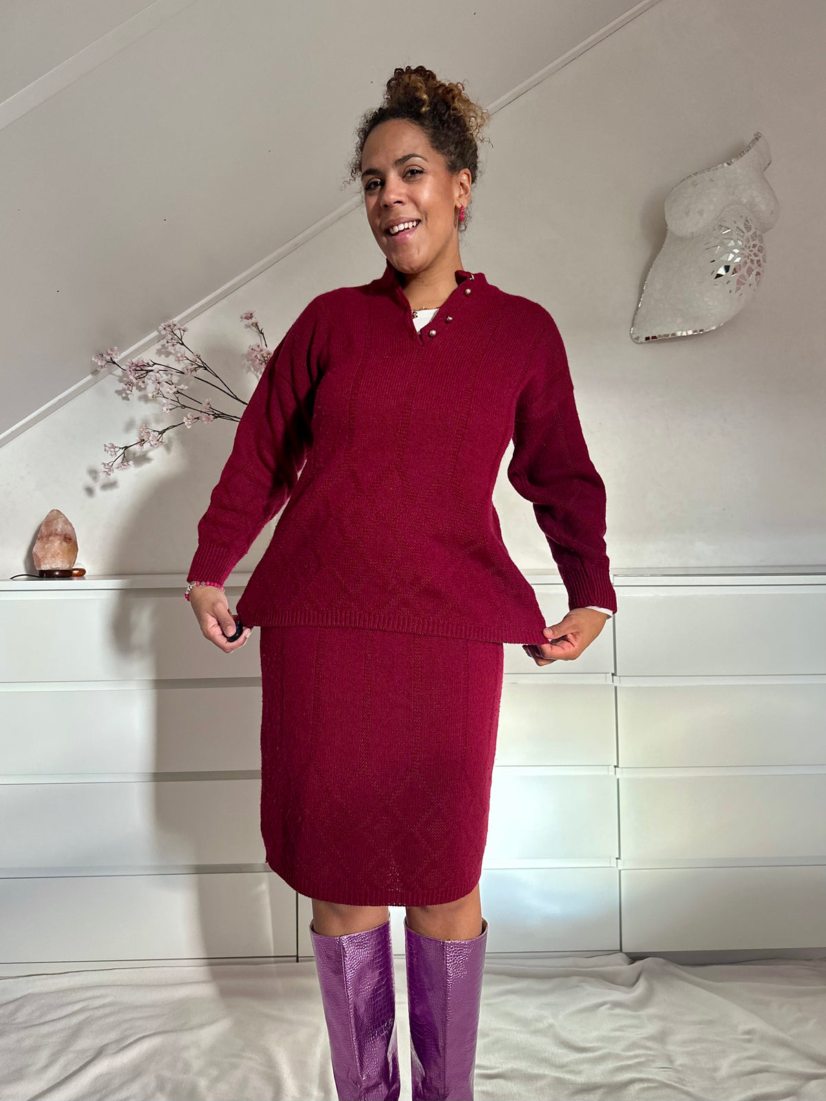 Vintage Bordeaux rode co-ord set in wol-mix - L/XL