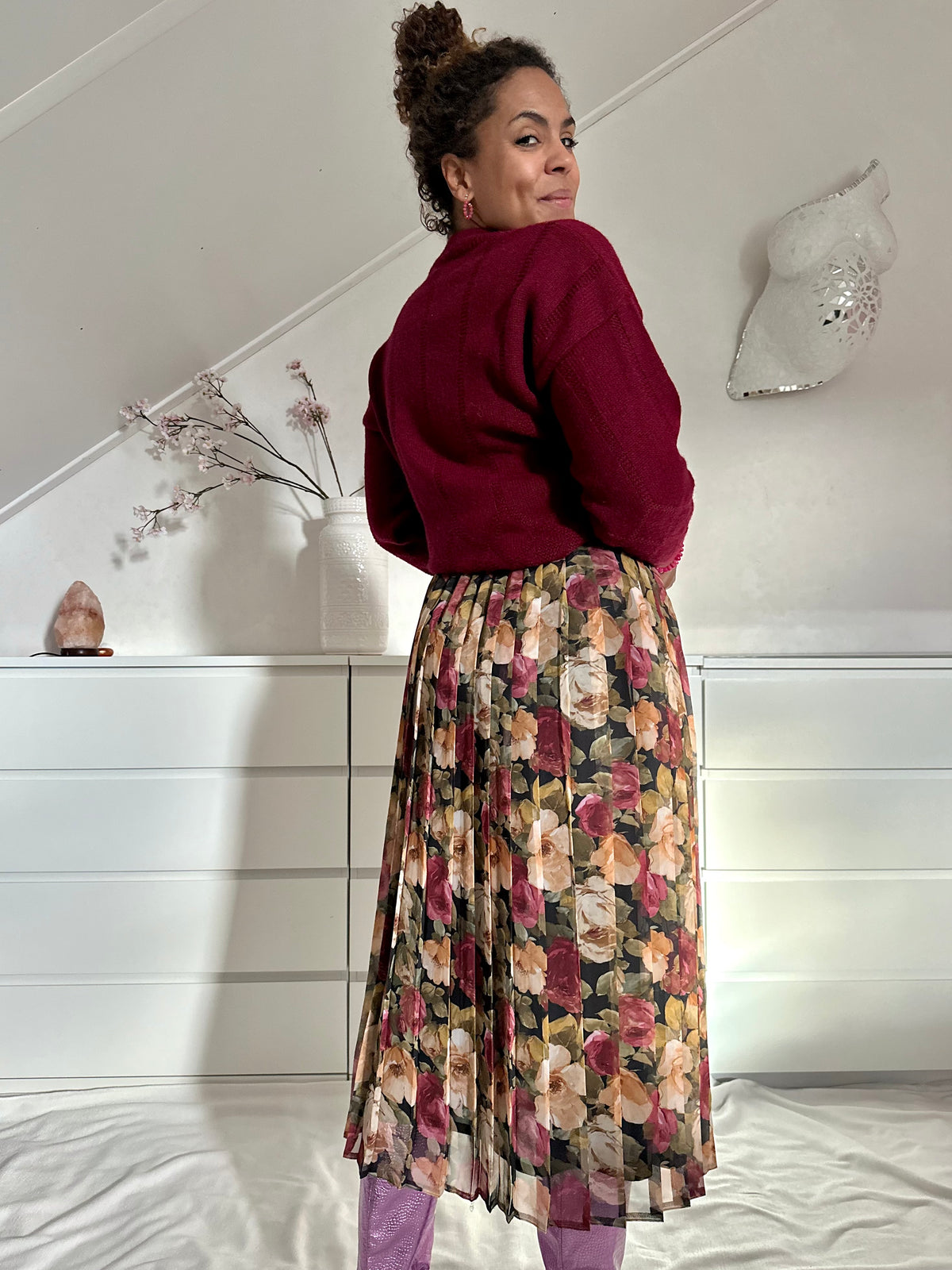 Vintage plooirok met bloemenprint in herfstkleuren - XL/XXL