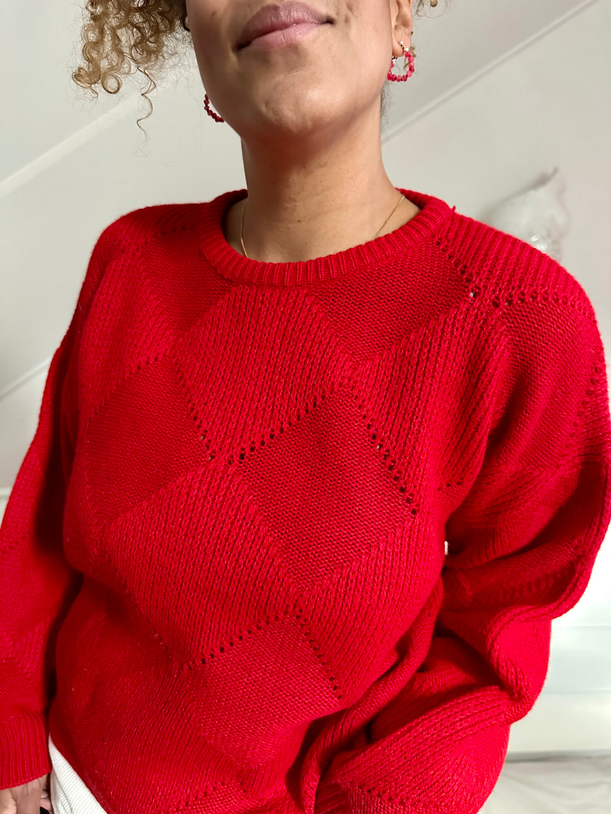 Vintage knalrode wollen boxy-sweater met tartan patroon M