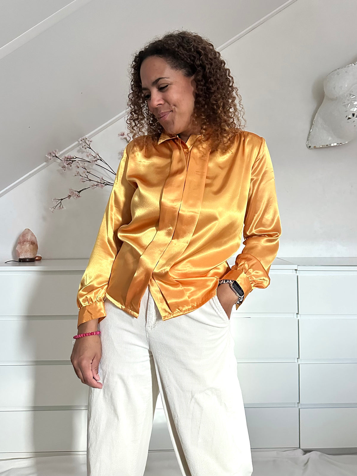 Vintage gouden satijnen blouse met plooien - S/M