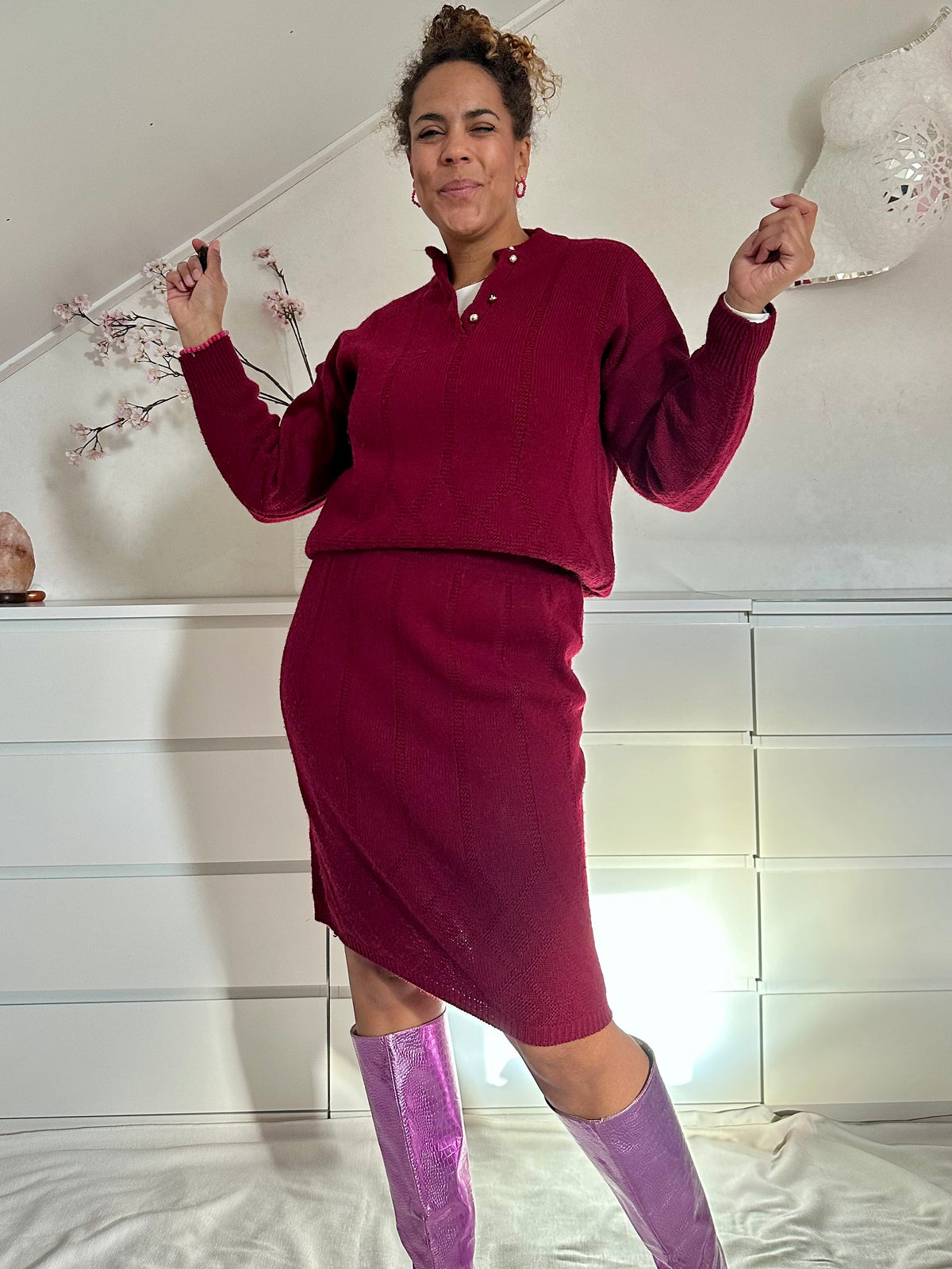 Vintage Bordeaux rode co-ord set in wol-mix - L/XL