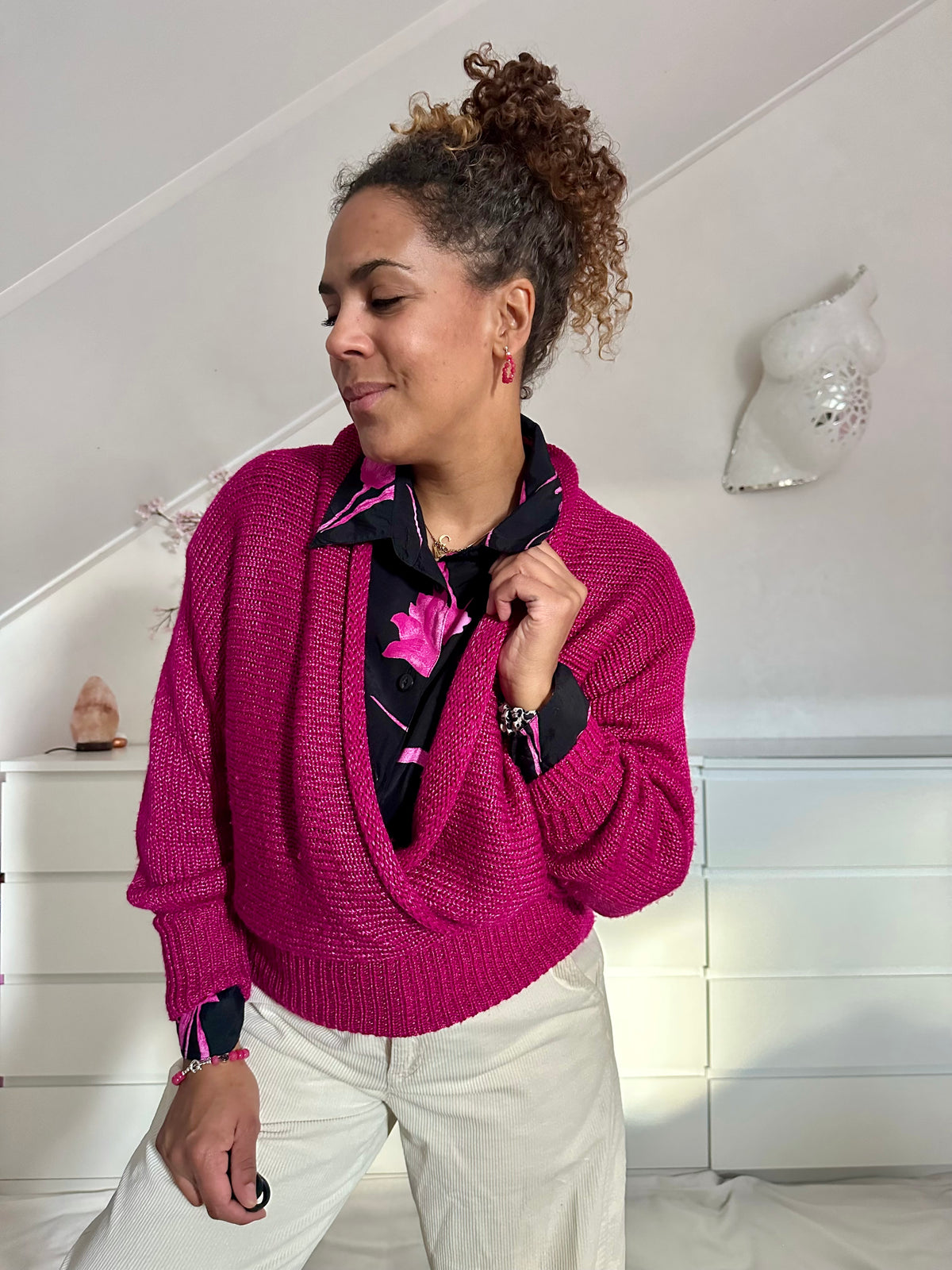 Vintage grofgebreide magenta overslagtrui - M/L