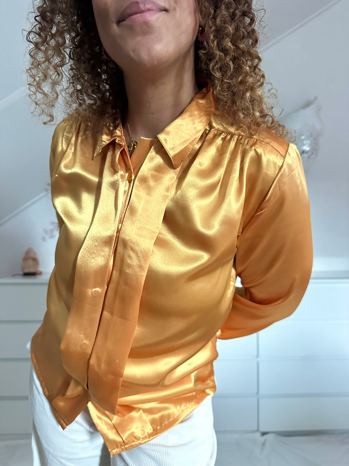 Vintage gouden satijnen blouse met plooien - S/M