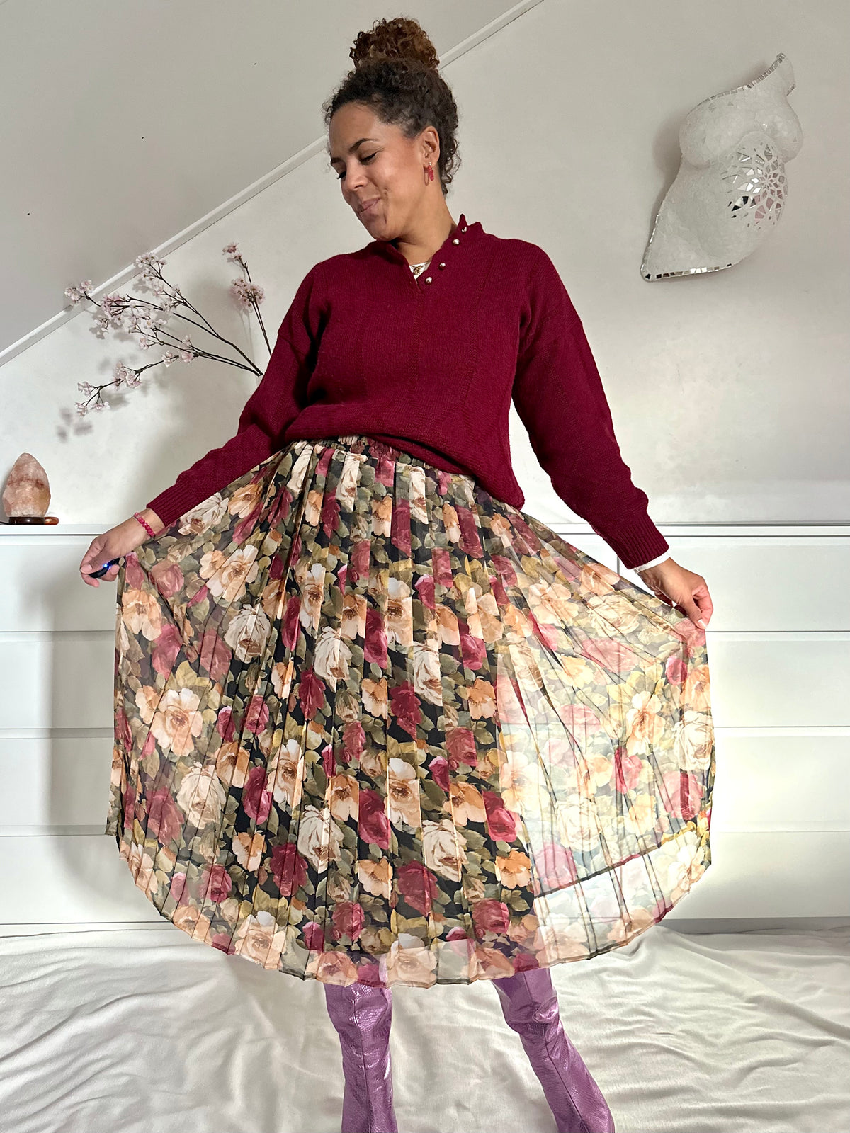 Vintage plooirok met bloemenprint in herfstkleuren - XL/XXL
