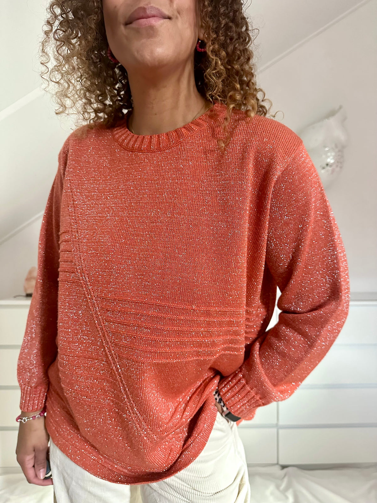 Vintage abrikooskleurige sweater met zilverdraad - XL/XXL