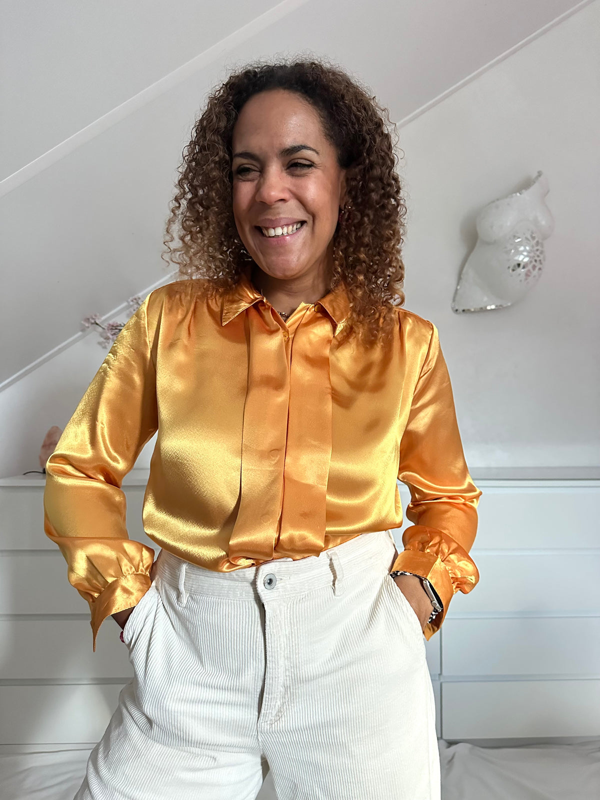 Vintage gouden satijnen blouse met plooien - S/M