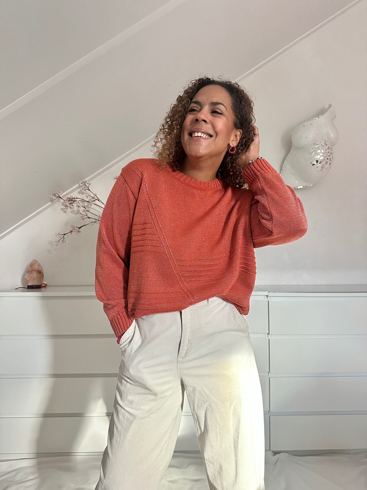 Vintage abrikooskleurige sweater met zilverdraad - XL/XXL