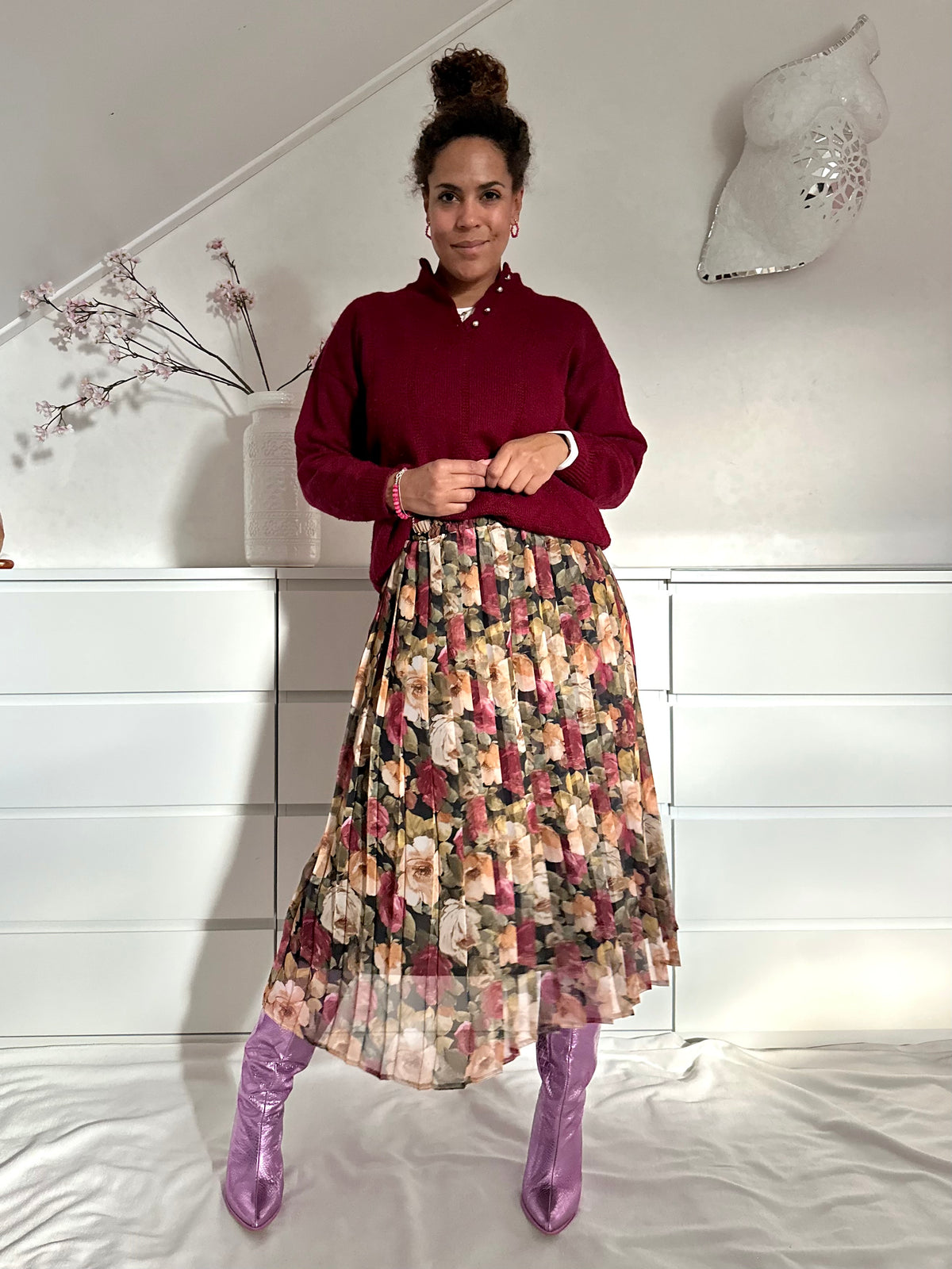 Vintage plooirok met bloemenprint in herfstkleuren - XL/XXL