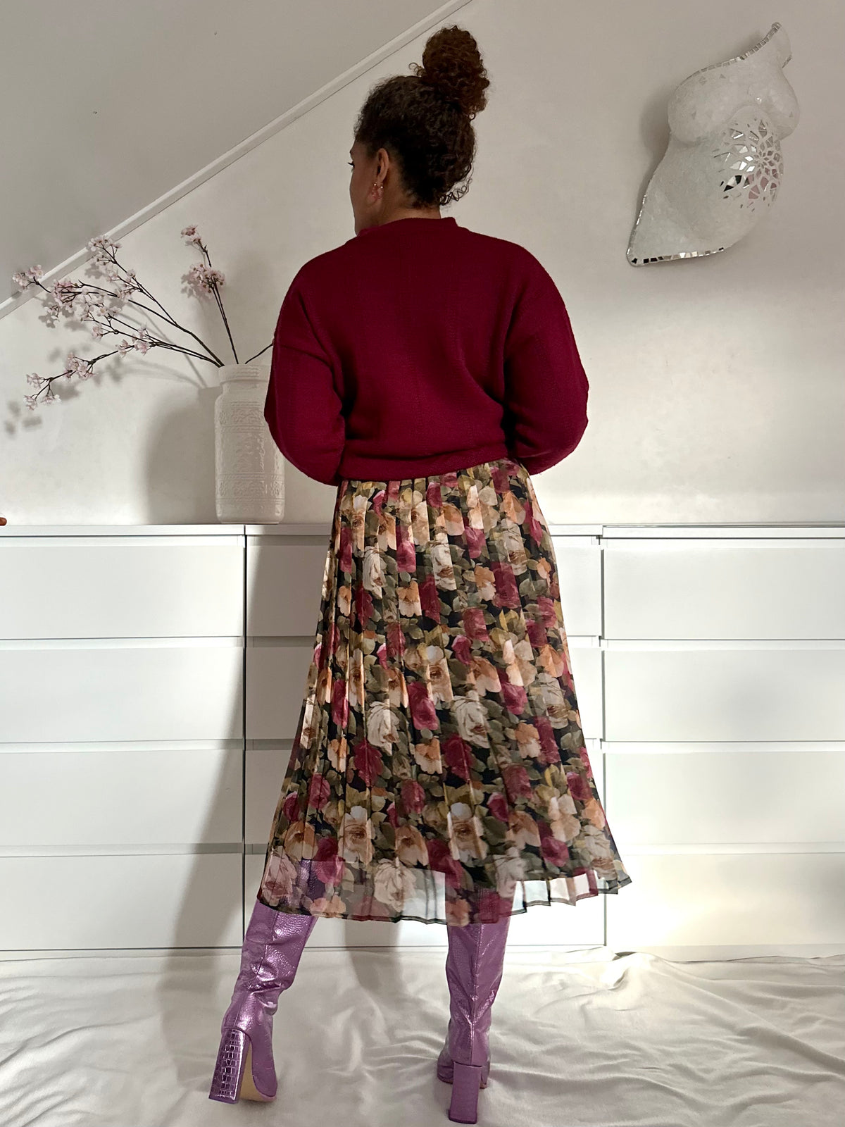 Vintage plooirok met bloemenprint in herfstkleuren - XL/XXL