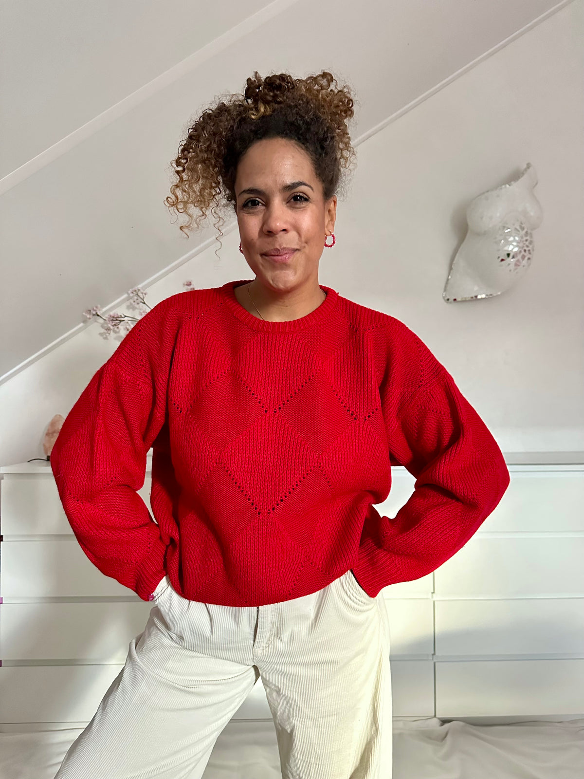 Vintage knalrode wollen boxy-sweater met tartan patroon M
