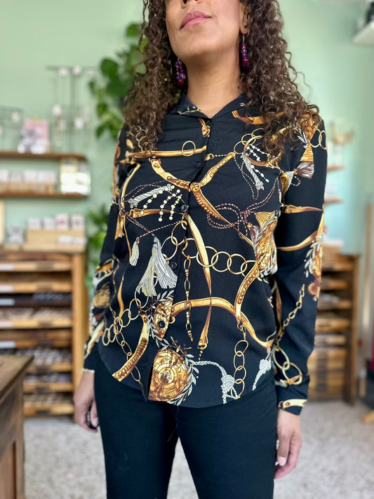 Vintage blouse in zwart met gouden barok details in Versace stijl