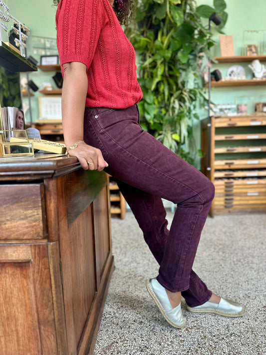 vintage burgundy stretch jeans in high waist en slim leg, onderdeel van de kleurrijke collectie The Comeback Store
