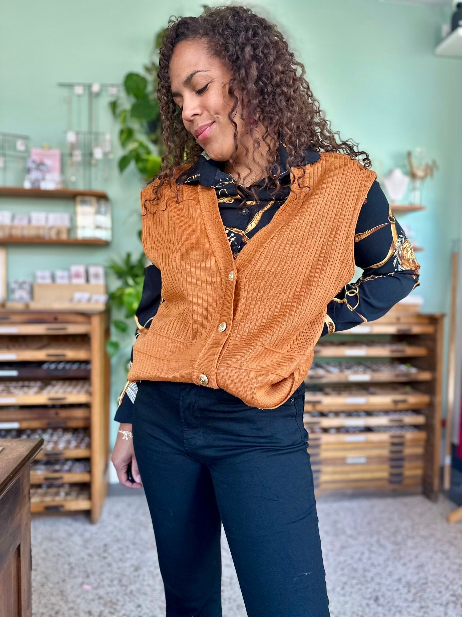 Vintage camelkleurig gebreide waistcoat