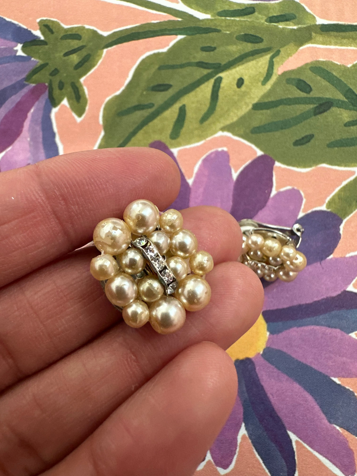 vintage clip-oorbellen met strass en faux parel