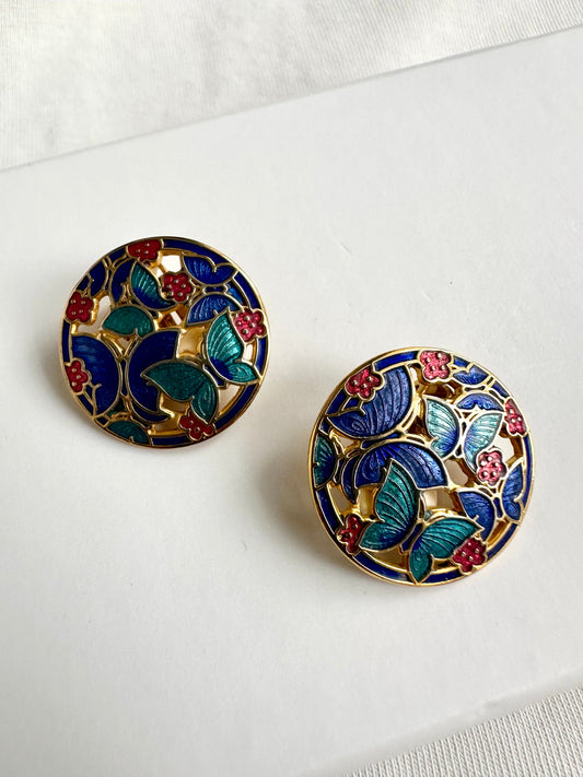 vintage ronde oorbellen met vlinders en bloemen, in cloisonné stijl