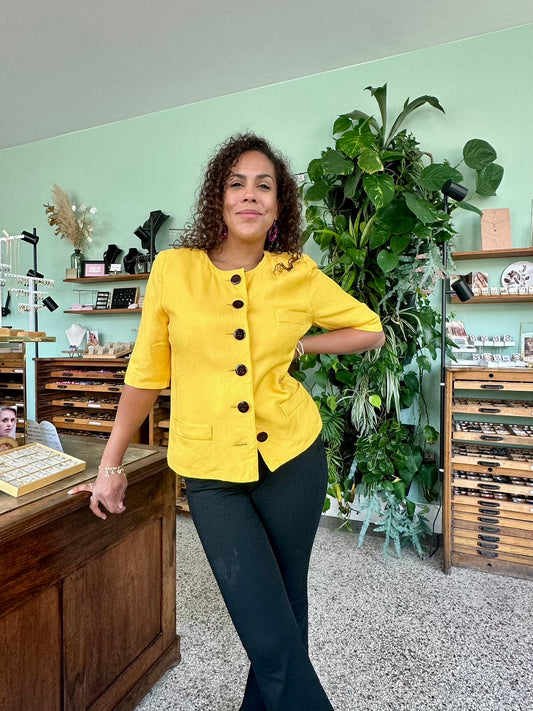 Vintage knal gele blazer in linnen met driekwart mouwen en grote retro knopen