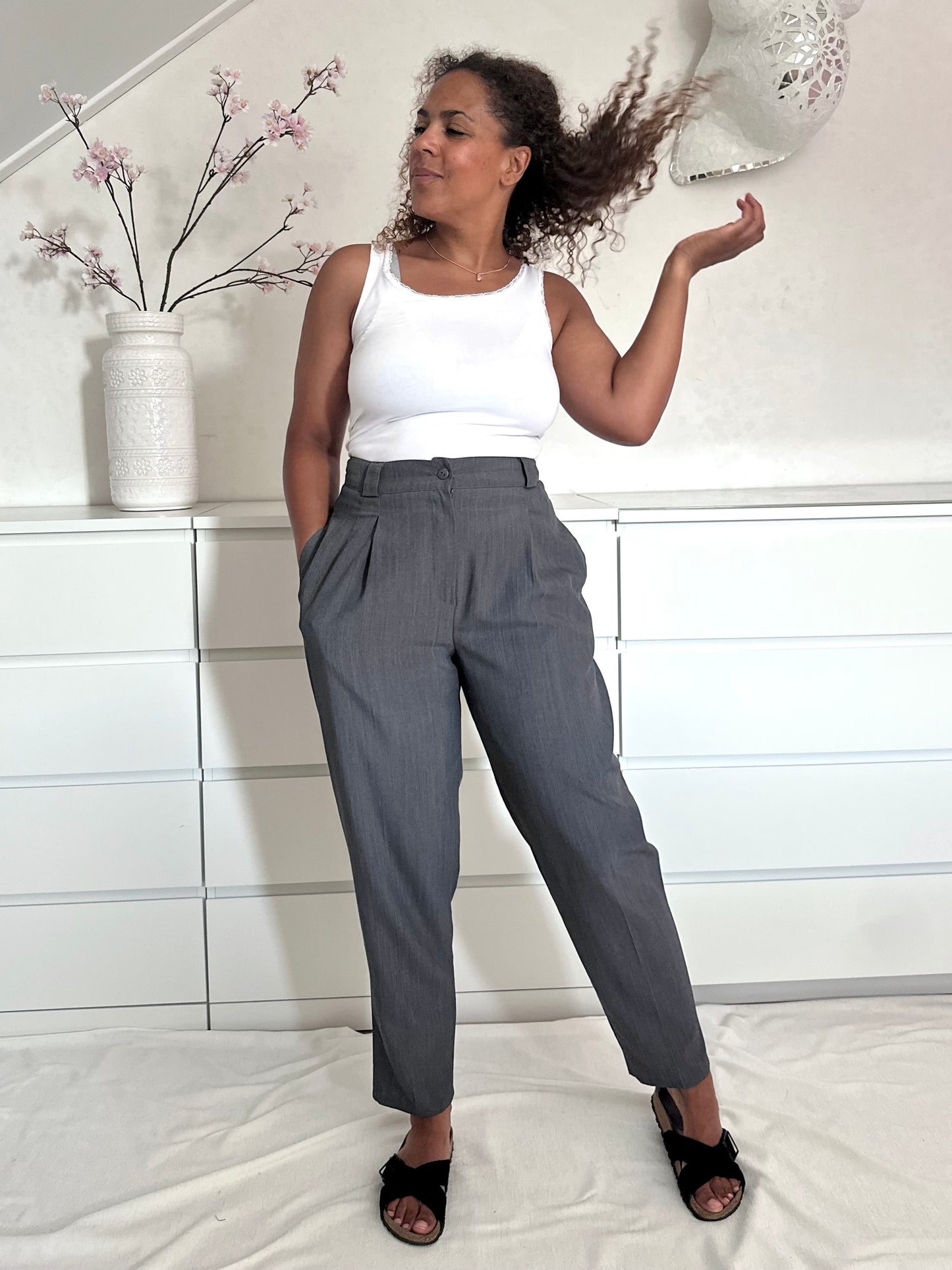 Vintage basic grijze wolblend pantalon - M/L