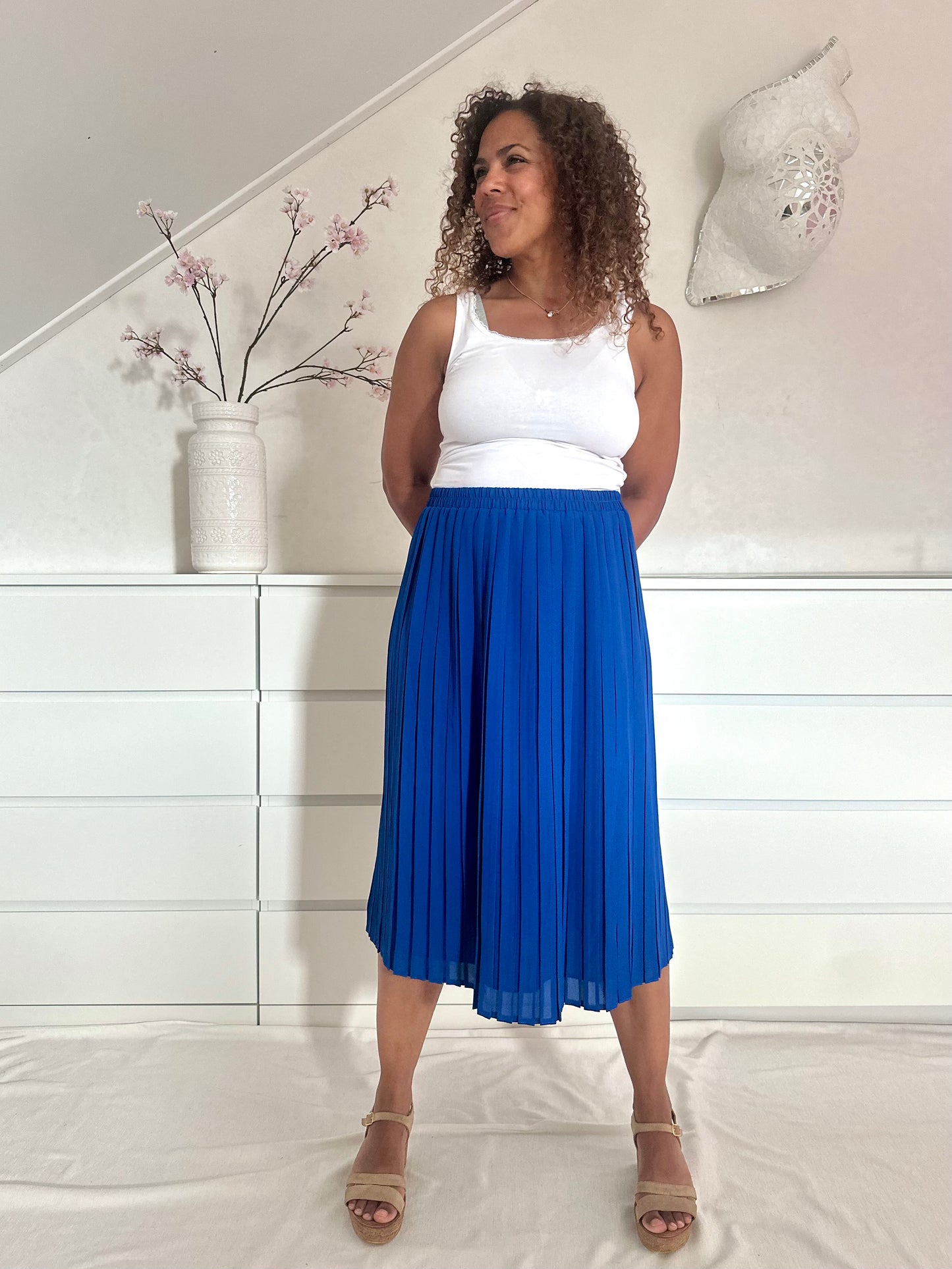 Vintage kobaltblauwe midirok met plooien - L/XL