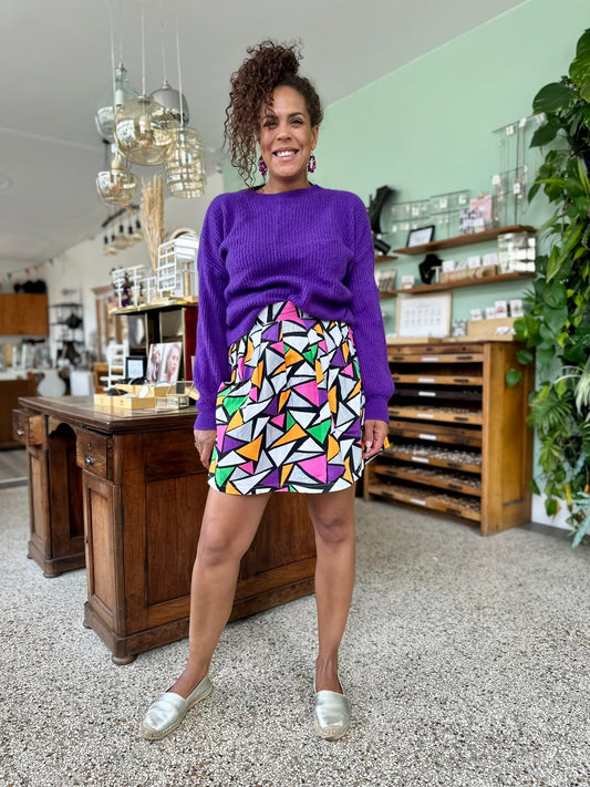 Vintage minirok met geometrische print in knalkleuren, hoge taille en plooien